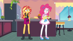 Size: 3410x1920 | Tagged: safe, derpibooru import, screencap, pinkie pie, sunset shimmer, better together, equestria girls, holidays unwrapped, apron, clothes, cutie mark, cutie mark on clothes, female, food, geode of empathy, jacket, jewelry, leather, leather jacket, lip bite, magical geodes, necklace, saving pinkie's pie, souffle, tanktop