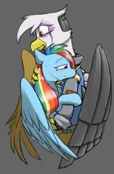 Size: 1023x1558 | Tagged: safe, artist:sinrar, derpibooru import, gilda, rainbow dash, griffon, pegasus, pony, amputee, artificial wings, augmented, clothes, crying, cyberpunk, gray background, hug, jacket, prosthetic limb, prosthetic wing, prosthetics, simple background, tears of joy, wings
