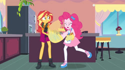 Size: 3410x1920 | Tagged: safe, derpibooru import, screencap, pinkie pie, sunset shimmer, better together, equestria girls, holidays unwrapped, apron, clothes, cutie mark, cutie mark on clothes, eyes closed, female, food, geode of empathy, great moments in animation, jacket, jewelry, leather, leather jacket, magical geodes, necklace, open mouth, saving pinkie's pie, souffle, tanktop