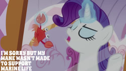 Size: 1280x720 | Tagged: safe, derpibooru import, edit, edited screencap, editor:quoterific, screencap, rarity, crab, pony, unicorn, ppov, season 6, carousel boutique, eyes closed, female, magic, mare, mirror, open mouth, telekinesis