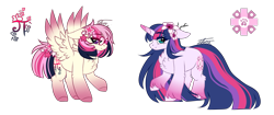 Size: 1411x594 | Tagged: safe, artist:inspiredpixels, derpibooru import, oc, oc only, pegasus, pony, unicorn, ears, female, floppy ears, mare, signature, simple background, spread wings, transparent background, wings