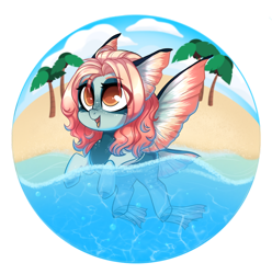 Size: 1280x1291 | Tagged: safe, artist:cloud-fly, derpibooru import, oc, oc only, oc:frilly, pony, beach, chibi, female, freckles, smiling, solo, swimming, water