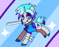 Size: 4900x3900 | Tagged: safe, artist:mythril azure, derpibooru import, oc, oc:mythril azure, pony, unicorn, clothes, cloven hooves, colt, hoodie, male, solo, sword, weapon