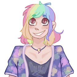 Size: 1000x1000 | Tagged: safe, artist:sunnflowerr06, derpibooru import, rainbow dash, human, alternate hairstyle, clothes, female, grin, humanized, jewelry, necklace, shirt, simple background, smiling, solo, transparent background