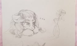 Size: 1280x768 | Tagged: safe, artist:laymy, derpibooru import, oc, oc only, pony, ..., ears, floppy ears, flower, looking at something, pencil drawing, solo, traditional art, vase