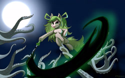 Size: 2440x1536 | Tagged: safe, artist:kijojora, derpibooru import, earth pony, semi-anthro, breasts, moon, solo, sword, tentacles, weapon