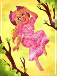 Size: 1536x2048 | Tagged: safe, artist:cosmicponye, derpibooru import, applejack, human, applejack's hat, barefoot, blushing, clothes, cowboy hat, cute, dress, feet, female, freckles, hat, humanized, jackabetes, open mouth, solo, tree, tree branch