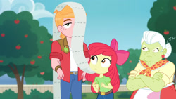 Size: 3410x1920 | Tagged: safe, derpibooru import, screencap, apple bloom, big macintosh, granny smith, better together, equestria girls, holidays unwrapped, angry, apple, apple bloom's bow, bow, crossed arms, female, food, granny smith is not amused, hair bow, male, paper towels, the cider louse fools, toilet paper, tree, unamused