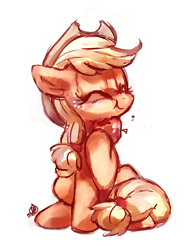 Size: 2100x2700 | Tagged: safe, artist:whitediamonds, derpibooru import, applejack, earth pony, pony, :t, apple, cute, eating, eyes closed, female, food, happy, high res, hoof hold, jackabetes, mare, simple background, sitting, smiling, solo, that pony sure does love apples, white background