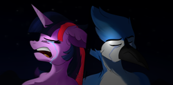 Size: 2200x1080 | Tagged: safe, artist:diamondgreenanimat0, derpibooru import, twilight sparkle, anthro, unicorn, 2021, airplanes (song), crossover, crossover shipping, crying, expressions, eyes closed, female, male, mordecai, mordetwi, pain, regular show, scene interpretation, scenery, shadow, shipping, shooting star, sky, straight