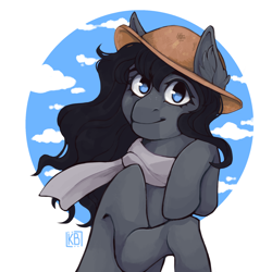 Size: 2048x2048 | Tagged: safe, artist:karamboll, derpibooru import, earth pony, pony, blue eyes, clothes, commission, ear fluff, ears, female, half body, hat, scarf, smiling, solo