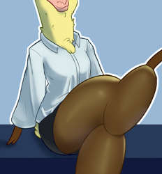 Size: 1056x1139 | Tagged: safe, artist:hitsuji, derpibooru import, paprika paca, alpaca, anthro, them's fightin' herds, clothes, cloven hooves, crossed legs, female, pantyhose, skirt, smiling, solo