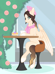 Size: 1280x1720 | Tagged: safe, artist:cindydreamlight, artist:dianamur, derpibooru import, oc, oc only, oc:cindy, pegasus, pony, base used, beret, cake, clothes, female, flower, hat, looking at you, looking sideways, mare, mug, scarf, sitting, smiling, smiling at you, solo, stool, table