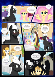 Size: 3259x4607 | Tagged: safe, artist:estories, derpibooru import, discord, fluttershy, oc, oc:alice goldenfeather, oc:möbius, draconequus, pegasus, pony, unicorn, comic:nevermore, angry, comic, cross-popping veins, horn, pegasus oc, speech bubble, unicorn oc