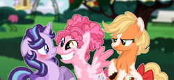 Size: 1244x573 | Tagged: safe, artist:littsandy, derpibooru import, applejack, pinkie pie, starlight glimmer, alicorn, earth pony, pegasus, pony, alicornified, alternate universe, base used, blushing, boop, coat markings, noseboop, pegasus pinkie pie, race swap, smiling, starlicorn