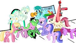 Size: 2080x1180 | Tagged: safe, artist:azgchip, derpibooru import, berry punch, berryshine, daisy, flower wishes, lily, lily valley, rainbowshine, roseluck, sea swirl, seafoam, spring melody, sprinkle medley, vapor trail, anon pony, oc, oc:anon, oc:anon stallion, earth pony, pegasus, pony, unicorn, :o, alarm, alcohol, apron, baking tray, barrel, clapping, clothes, comic sans, cookie, cutie mark, digital art, eyes closed, female, flower, flying, folded wings, food, guitar, male, mare, mouth hold, musical instrument, neck nuzzle, nuzzling, open mouth, portal, pushing, red button, rose, scrunchy face, simple background, sitting, sitting on tail, smiling, spread wings, stallion, standing, surrounded by mares, walking, white background, wine, wings