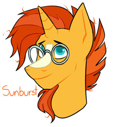 Size: 1000x1000 | Tagged: safe, artist:dymitre, derpibooru import, sunburst, pony, unicorn, bust, glasses, male, messy mane, simple background, smiling, solo, stallion, white background