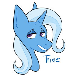 Size: 1000x1000 | Tagged: safe, artist:dymitre, derpibooru import, trixie, pony, unicorn, bust, female, grin, mare, simple background, smiling, solo, white background