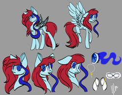 Size: 2224x1736 | Tagged: safe, artist:donnie-moon, derpibooru import, oc, oc only, oc:ren, pegasus, pony, female, glasses, gray background, mare, pegasus oc, raised hoof, raised leg, reference sheet, simple background, smiling, sombra eyes, wings