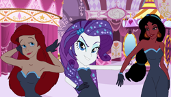 Size: 1600x911 | Tagged: safe, artist:brerdaniel, derpibooru import, rarity, better together, equestria girls, the other side, aladdin, ariel, bare shoulders, beautiful, bodysuit, carousel boutique, clothes, crossover, cute, disney, disney princess, drawing, gloves, princess jasmine, sleeveless, sleeveless sweater, strapless, sweater, the little mermaid, unitard