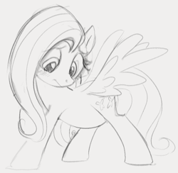 Size: 751x732 | Tagged: safe, artist:dotkwa, derpibooru import, fluttershy, pegasus, pony, belly, blushing, chubby, chubbyshy, fat, fattershy, female, gray background, grayscale, mare, monochrome, simple background, sketch, solo