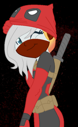 Size: 426x690 | Tagged: safe, artist:aonairfaol, derpibooru import, oc, oc only, equestria girls, base used, belt, black background, clothes, cosplay, costume, deadpool, eyelashes, female, marvel comics, one eye closed, simple background, smiling, solo, sword, weapon, wink
