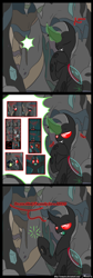 Size: 842x2492 | Tagged: safe, artist:srmario, derpibooru import, oc, oc only, oc:reinflak, changeling, cave, changeling oc, comic, glowing horn, horn, magic, male, raised hoof, raised leg, red changeling, red eyes, talking, telekinesis, thinking