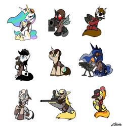 Size: 1627x1676 | Tagged: safe, artist:srmario, derpibooru import, princess celestia, princess luna, spitfire, oc, oc:doctiry, oc:doom, oc:reinflak, alicorn, changeling, pegasus, pony, alicorn oc, changeling oc, crossover, engineer, female, grin, gun, horn, male, mare, red changeling, rifle, scout, simple background, smiling, sniper, soldier, sunglasses, team fortress 2, weapon, white background, wings