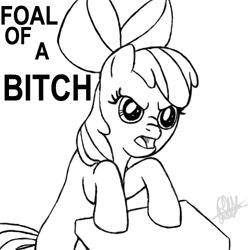 Size: 500x500 | Tagged: safe, artist:ro obsidian solitaire, derpibooru import, apple bloom, earth pony, pony, angry, bipedal, female, filly, frown, king of the hill, lineart, monochrome, open mouth, parody, simple background, solo, text, vulgar, white background
