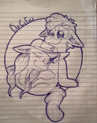 Size: 689x870 | Tagged: safe, artist:millefaller, derpibooru import, earth pony, pony, dipper pines, ears, eyes closed, female, floppy ears, gravity falls, lineart, lined paper, male, mare, pacifica northwest, ponified, smiling, snuggling, stallion, straight, traditional art