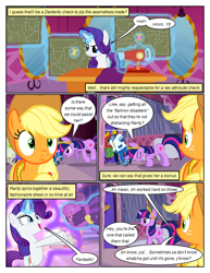 Size: 612x792 | Tagged: safe, artist:newbiespud, derpibooru import, edit, edited screencap, screencap, applejack, rarity, twilight sparkle, unicorn twilight, earth pony, pony, unicorn, comic:friendship is dragons, magical mystery cure, a true true friend, applejack's hat, big crown thingy, bipedal, carousel boutique, clothes, comic, cowboy hat, dialogue, element of magic, eyelashes, female, freckles, glowing horn, hat, horn, indoors, jewelry, magic, mare, regalia, screencap comic, sewing machine, smiling, swapped cutie marks, telekinesis, wide eyes