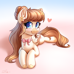 Size: 2480x2480 | Tagged: safe, artist:dandy, derpibooru import, oc, oc only, oc:strawberry milk, pegasus, pony, :3, blushing, ear piercing, female, gradient background, heart, looking at you, lying down, mare, piercing, prone, ribbon, smiling, smiling at you, solo, unshorn fetlocks, wings