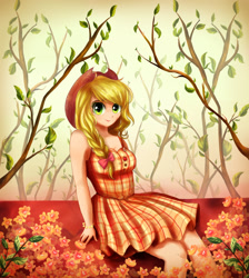 Size: 1280x1429 | Tagged: safe, artist:cosmicponye, derpibooru import, applejack, human, applejack's hat, bare shoulders, clothes, cowboy hat, cute, dress, female, flower, hat, humanized, jackabetes, sleeveless, solo, tree, tree branch