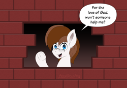 Size: 4200x2900 | Tagged: safe, alternate version, artist:aarondrawsarts, derpibooru import, oc, oc:brain teaser, brick wall, commission, edgar allan poe, immurement, meme, parody, the cask of amontillado