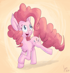 Size: 1600x1670 | Tagged: artist needed, safe, derpibooru import, pinkie pie, earth pony, pony, chest fluff, ear fluff, ear tufts, ears, female, head turned, looking up, mare, open mouth, open smile, raised hoof, raised leg, simple background, smiling, solo