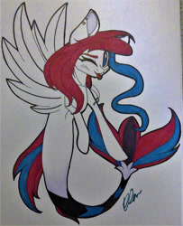 Size: 1725x2126 | Tagged: safe, artist:donnie-moon, derpibooru import, oc, oc:ren, pony, seapony (g4), ;p, eyelashes, female, one eye closed, seaponified, signature, solo, species swap, tongue, tongue out, traditional art, wink