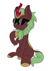 Size: 1591x2179 | Tagged: safe, artist:wapamario63, cinder glow, summer flare, kirin, can, cute, female, horn, mare, monster energy, simple background, sitting, smiling, solo, sunglasses, transparent background