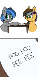 Size: 768x1540 | Tagged: safe, artist:littlebibbo, oc, oc only, oc:bibbo, oc:steaming stove, earth pony, pegasus, pony, :i, comic, confused, cute, female, females only, freckles, looking away, paper, table, text, toilet humor