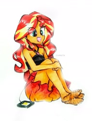 Size: 2298x3029 | Tagged: safe, artist:liaaqila, sunset shimmer, human, equestria girls, equestria girls series, barefoot, clothes, cute, feet, fetish, foot fetish, foot tapping, hugging leg, listening to music, music player, sarong, shimmerbetes, sitting, solo, swimsuit, tapping