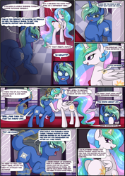 Size: 2894x4093 | Tagged: safe, artist:novaspark, derpibooru import, princess celestia, princess luna, oc, oc:nova spark, alicorn, monster pony, original species, pony, tatzlpony, boop, butt, comic, dialogue, female, glasses, horn, horn ring, imminent vore, looking back, magic, magic suppression, mare, plot, ring, sweat