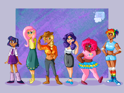 Size: 2048x1536 | Tagged: safe, artist:soaptears, derpibooru import, applejack, fluttershy, pinkie pie, rainbow dash, rarity, twilight sparkle, human, abstract background, blackwashing, clothes, converse, dark skin, dress, female, hat, humanized, mane six, shoes, shorts, smiling