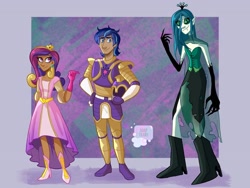 Size: 2048x1536 | Tagged: safe, artist:soaptears, derpibooru import, princess cadance, queen chrysalis, shining armor, human, abstract background, blackwashing, boots, clothes, dark skin, evening gloves, female, gloves, hand on hip, high heel boots, high heels, humanized, jewelry, long gloves, shoes, smiling, tiara