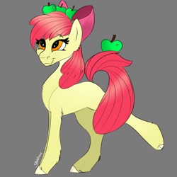 Size: 1000x1000 | Tagged: safe, artist:twilightpasha, derpibooru import, apple bloom, earth pony, pony, apple, balancing, cloven hooves, female, filly, food, gray background, simple background, smiling, solo