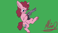 Size: 3840x2160 | Tagged: safe, artist:aliceg, derpibooru import, pinkie pie, earth pony, pony, desert eagle, green background, gun, handgun, simple background, solo, weapon