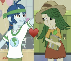 Size: 828x711 | Tagged: safe, derpibooru import, screencap, captain planet, sweet leaf, better together, equestria girls, equestria girls (movie), background human, eco kids, female, hat, headband, heart, love, male, shipping, shipping domino, straight, sweetplanet