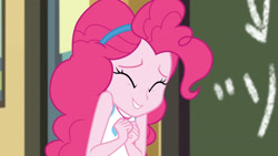 Size: 3410x1920 | Tagged: safe, derpibooru import, screencap, pinkie pie, better together, equestria girls, schedule swap, chalkboard, clothes, cute, cutie mark, cutie mark on clothes, diapinkes, eyes closed, female, geode of sugar bombs, jewelry, magical geodes, necklace, smiling, solo, tanktop