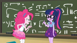 Size: 3410x1920 | Tagged: safe, derpibooru import, screencap, pinkie pie, sci-twi, twilight sparkle, better together, equestria girls, schedule swap, bowtie, chalkboard, clothes, cutie mark, cutie mark on clothes, female, geode of sugar bombs, geode of telekinesis, glasses, jewelry, magical geodes, necklace, open mouth, ponytail, smiling, smirk, smug, smugpie, tanktop