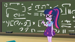 Size: 3410x1920 | Tagged: safe, derpibooru import, screencap, sci-twi, twilight sparkle, better together, equestria girls, schedule swap, bowtie, clothes, cutie mark, cutie mark on clothes, female, geode of telekinesis, glasses, jewelry, magical geodes, necklace, ponytail, solo