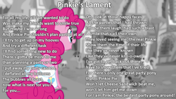 Size: 1280x720 | Tagged: safe, derpibooru import, screencap, pinkie pie, earth pony, pony, pinkie pride, lyrics, monochrome, neo noir, partial color, pinkie's lament, text