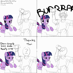 Size: 2048x2048 | Tagged: safe, artist:mentalkitty, derpibooru import, twilight sparkle, unicorn twilight, oc, oc:anon, human, pony, unicorn, beer can, blushing, burp, dialogue, drinking, drinking straw, duo, female, looking at someone, male, onomatopoeia, poggers, relaxing, resting, shitposting, show accurate, sitting on lap, sitting on person, soda, sofa, speech bubble, straw, straw in mouth, text, watching tv